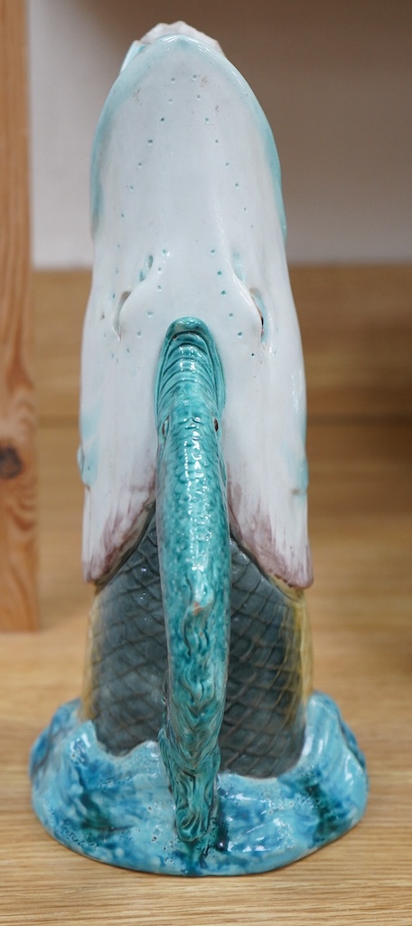 A Victorian Royal Worcester majolica ‘trout head’ jug, 30cm high. Condition- loss to mouth